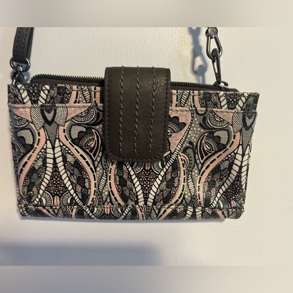 Sakroots Artist Circle Wallet Crossbody Gray Pink Bird Pattern